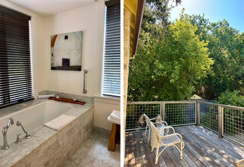 side by side photos show a tub with jets and a balcony overlooking trees at farmhouse inn