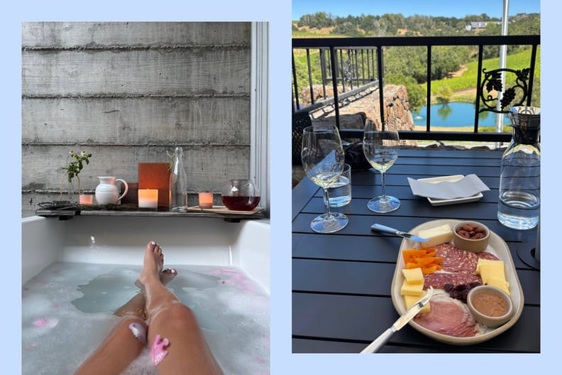 a side by side photo shows legs in a bath and two glasses of wine with a cheese plate.