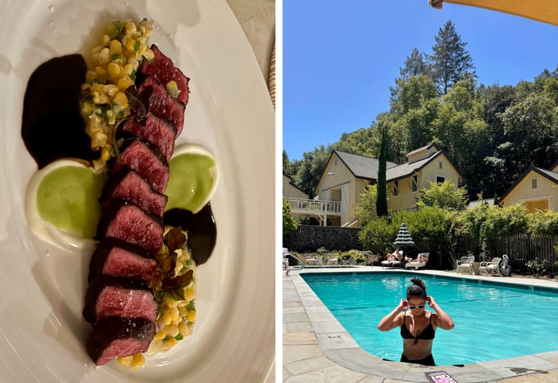 side by side photos show a plate of wagyu beef and a woman in the pool at Farmhouse Inn